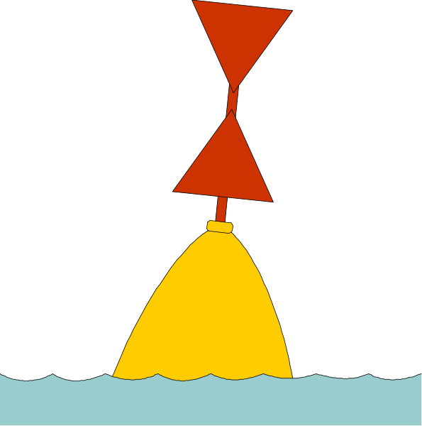 The image shows a cartoon of an underwater scene with two yellow buoys floating on water's surface; above them is a red flag waving in wind indicating danger ahead for ships at sea.