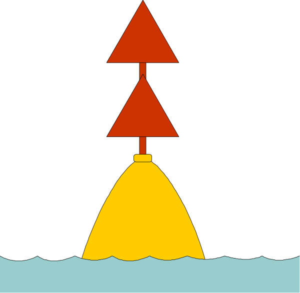 The image shows a cartoon of an underwater scene with two red Christmas trees floating above water surface; there is also a yellow buoy in front of one tree.