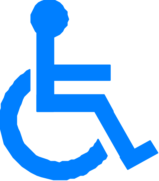 The image shows a blue handicap symbol with an accompanying wheelchair on its right side against a white background.