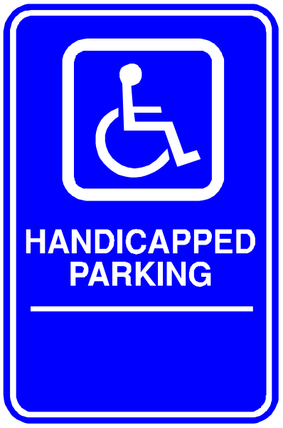 The image shows a blue handicapped parking sign with white text indicating that it is for disabled persons only.