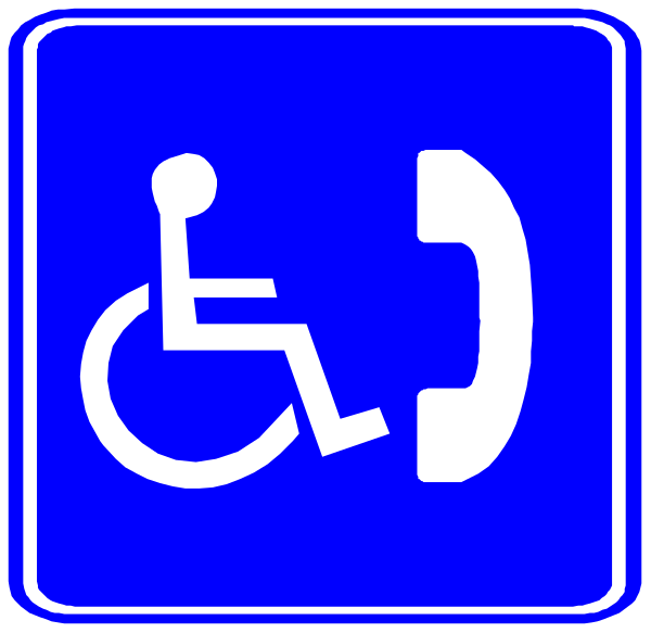The image shows a blue handicap parking sign with an icon of a wheelchair next to it on top right corner; below this is another smaller picture showing a person in a wheelchair talking into a payphone, indicating that there's no need for assistance or help nearby due to the presence of accessible facilities.