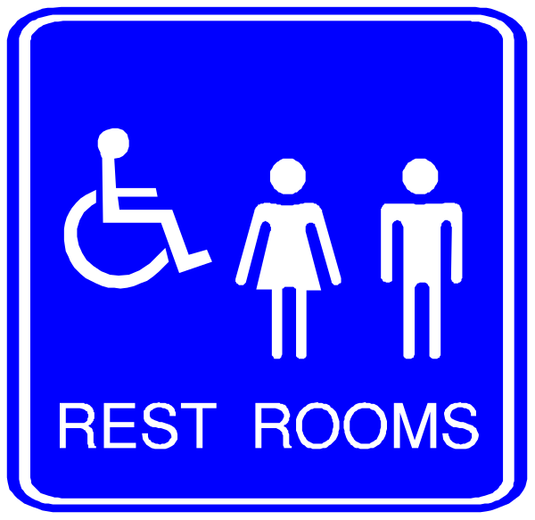 The image shows a blue sign with white text indicating restrooms for men, women, and families; it also features clip-art of two adults standing in front of each other next to symbols representing wheelchair accessibility and public toilets.