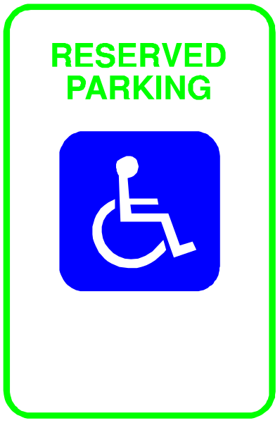 The picture shows a parking sign with an icon of a wheelchair on it indicating reserved handicap parking spaces.