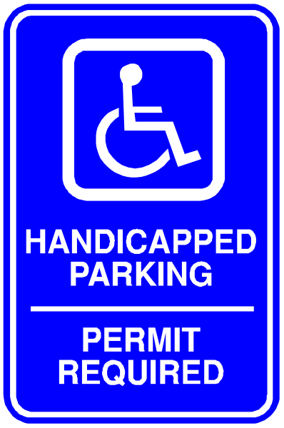 The sign indicates a handicapped parking space with permit required for use by persons using wheelchairs.