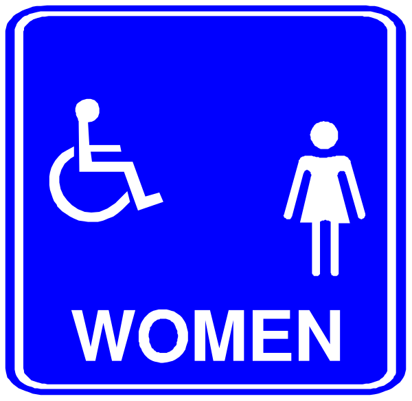 The sign shows a blue handicap symbol with an accompanying figure of a person using wheelchair ramps to access facilities; below this is another icon depicting two figures in silhouette: one male, presumably representing men's restrooms and labeled "WOMEN" next to it.