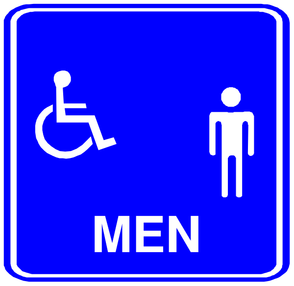 The image shows a blue sign with white text that reads "MEN" at top right corner; below it is an icon of a wheelchair next to two figures labeled as 'WOMAN' on left, and 'MAN' on right side.