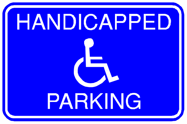 The image shows a blue handicapped parking sign with white text that reads "HANDICAPPED PARKING" in capital letters at both ends of an arrow pointing to its right side where there is another smaller black and white sign indicating it's for disabled people only, suggesting the presence of accessible facilities nearby.
