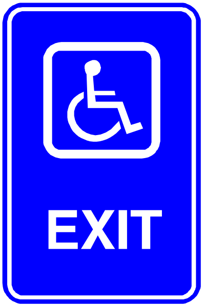 The image shows a blue handicap sign with an arrow pointing to its right indicating exit direction next to it is written "exit".