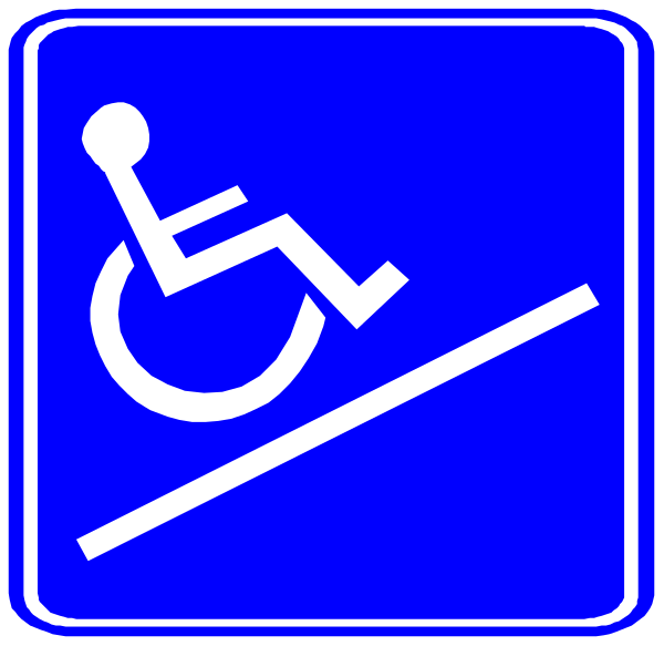 The image shows a blue handicap sign with an icon of a wheelchair on it next to another similar but smaller black-and-white version that has been altered by adding a skateboarder figure, indicating accessibility for both people in wheelchairs and those using other mobility devices like scooters or skateboards.