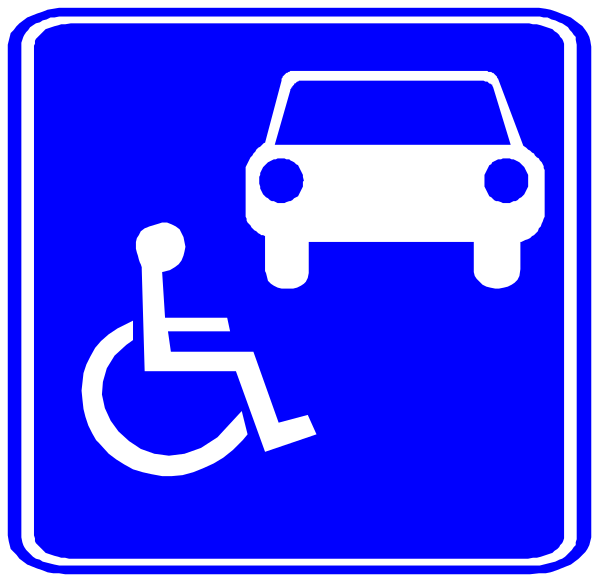 The image shows a blue sign with white symbols indicating parking for disabled individuals next to an icon of a car parked on top of another symbol representing handicapped accessibility; below this is a wheelchair-accessible pedestrian crossing, and above it there's a picture of a person in the crosswalk.