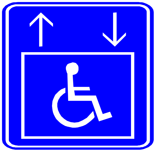 The image shows a blue handicap sign with an arrow pointing upwards to indicate accessibility for wheelchairs on the right side of it.