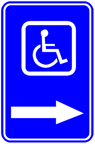 The image shows a blue handicap sign with an arrow pointing to its right indicating accessibility for wheelchairs.
