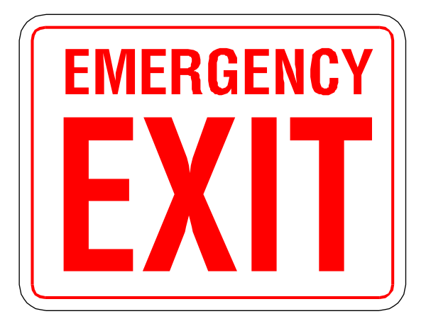 The image shows a red exit sign with white text that reads "EMERGENCY EXIT" on it against an indistinct background.