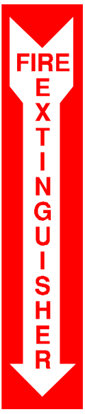 The image shows a red banner with white text that reads "FIRE EXTINGUISHER" on it.