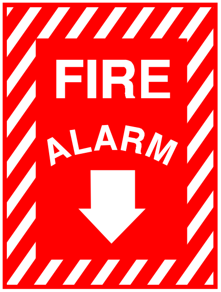 The image shows a red fire alarm with white text that reads "FIRE ALARM" on it.