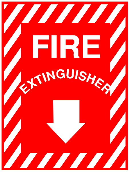 The image shows a fire extinguisher with an arrow pointing to it on a red sign that says "FIRE" in white letters at its top right corner.