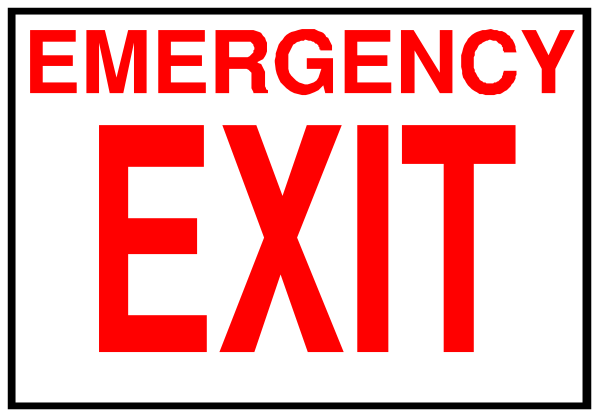 The image shows a red exit sign with white text that reads "EMERGENCY EXIT" on it against an otherwise plain background.