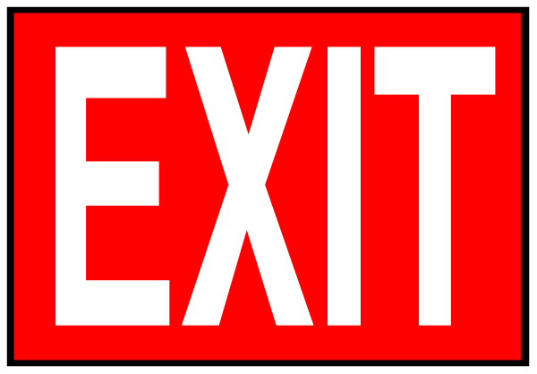 The image shows a red exit sign with white text that reads "EXIT".