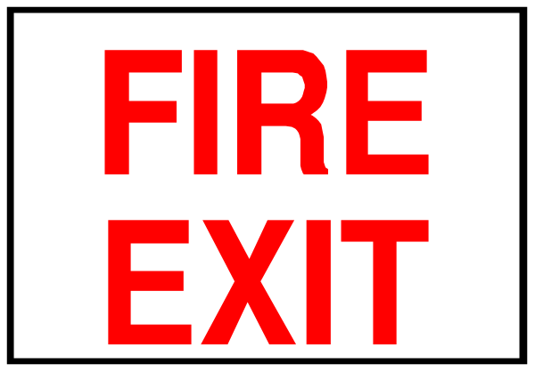 The image shows a sign with red text that reads "FIRE EXIT" on it next to an illustration of fire exit doors in white against a gray background.