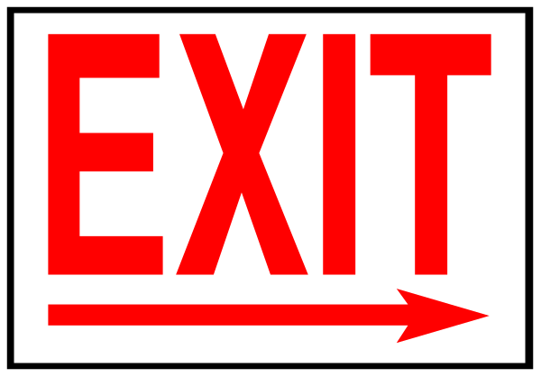 The image shows a red exit sign with an arrow pointing to it from above left corner of frame.