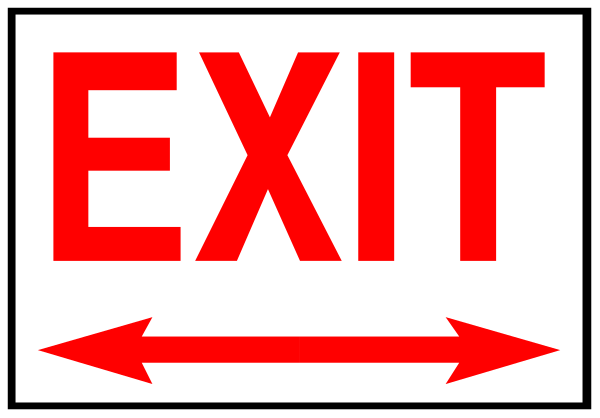 The image shows a red exit sign with an arrow pointing to its right side indicating directionality of movement through it.