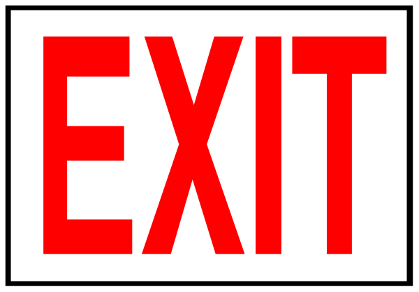 The image shows a red exit sign with white text that reads "EXIT".