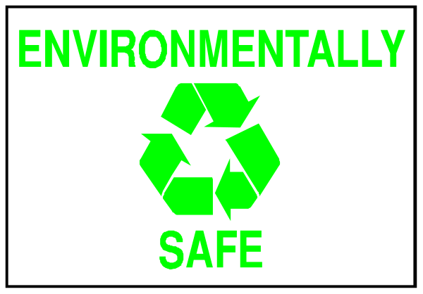 The image shows a green recycling symbol with text that reads "ENVIRONMENTALLY SAFE" on it against an orange background at top left corner of picture.