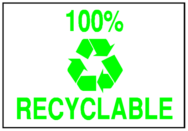 The image shows a green recycling symbol with text that reads "100% RECYCLABLE" on it.