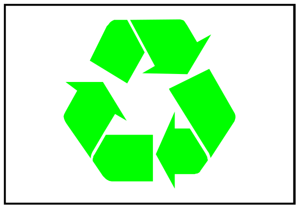 The image shows a green recycling symbol with white lines forming its shape inside an open book that is lying on top of another closed book in front of it.