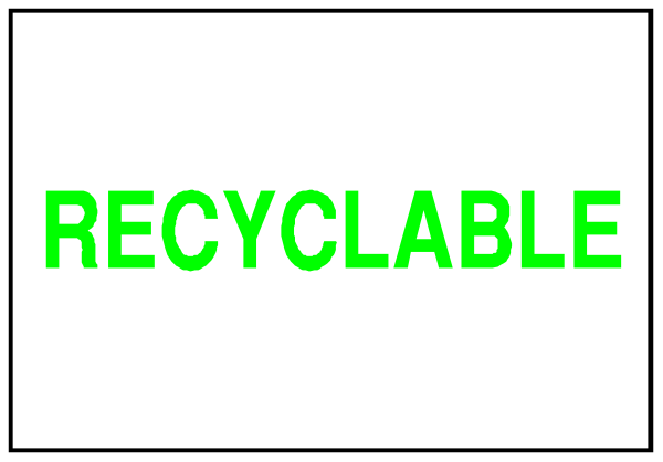 The image shows a sign with green text that reads "recyclable" on it against an orange background inside what appears to be a recycling bin.