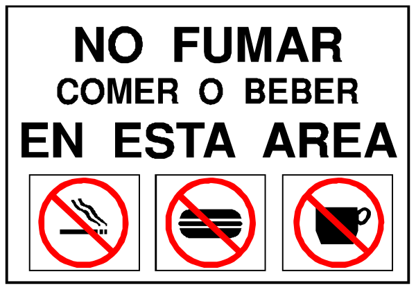 The image shows a sign with text that reads "NO SMOKING" along with symbols indicating prohibited items such as smoking, alcohol consumption, food preparation area, and pets allowed in red circles around them.