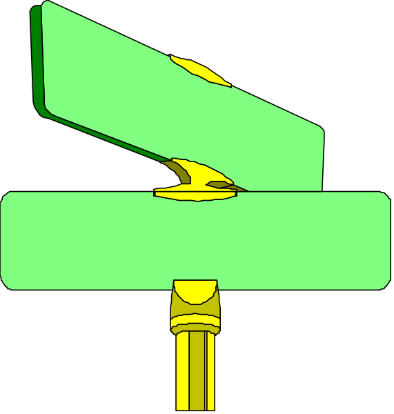 The image shows a simple illustration of two green rectangles with yellow handles on either side connected by what appears to be an orange hinge in between them against a black background.