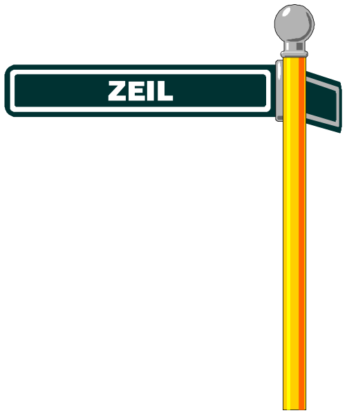 The image shows a street sign with "Zeil" written on it at an angle against a dark background; to its right is another vertical object that appears to be yellow but could also represent something else due to perspective, and there's no clear indication of what this second item might actually be.