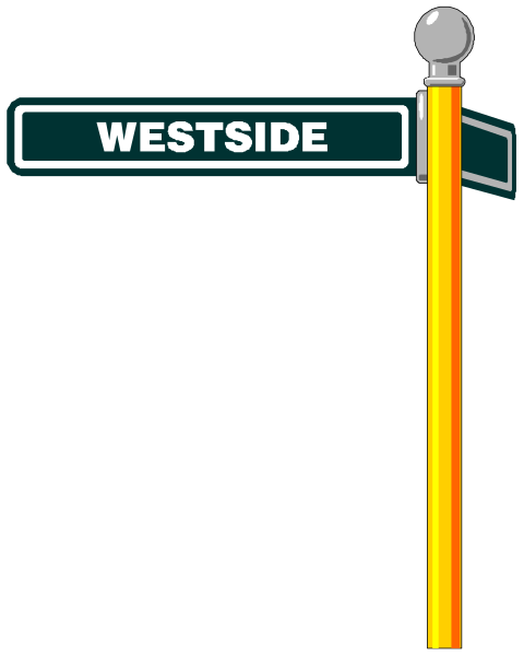 The image shows a street sign with "Westside" written on it atop an arrow pointing to its right side against a black background.