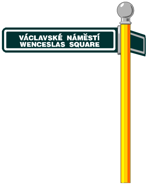 The image shows a street sign with text that reads "VACLAVSKE NAMESTI SQUARE" in Czech on top of it. Below this is another line of text which appears to be an address, but due to resolution and angle limitations, I cannot read or describe the content accurately.