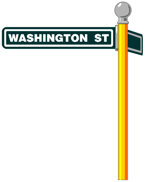 The image shows a street sign for Washington Street with an arrow pointing to its right side against a black background.