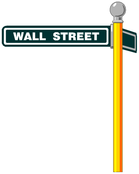 The image shows a street sign for Wall Street with an arrow pointing to its right side against a black background.