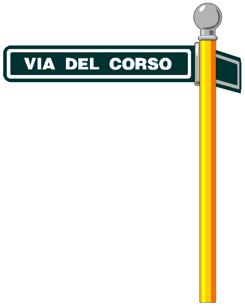 The image shows a street sign with text that reads "VIA DEL CORSO" on it, indicating an Italian location named Corso Street in English translation.