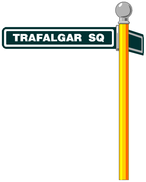The image shows a street sign with text that reads "Tafalgar Sq" on it against a black background.