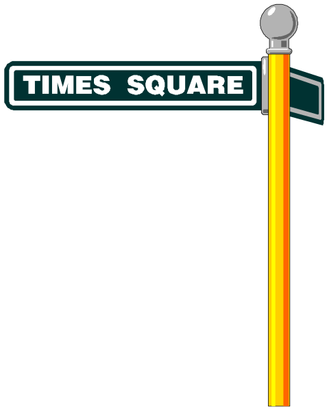 The image shows a street sign for Times Square with an arrow pointing to it on what appears to be a cityscape background.
