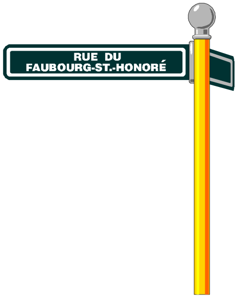 The image shows a street sign with text that reads "Rue du Fubourg St Honoré" on it against a black background.
