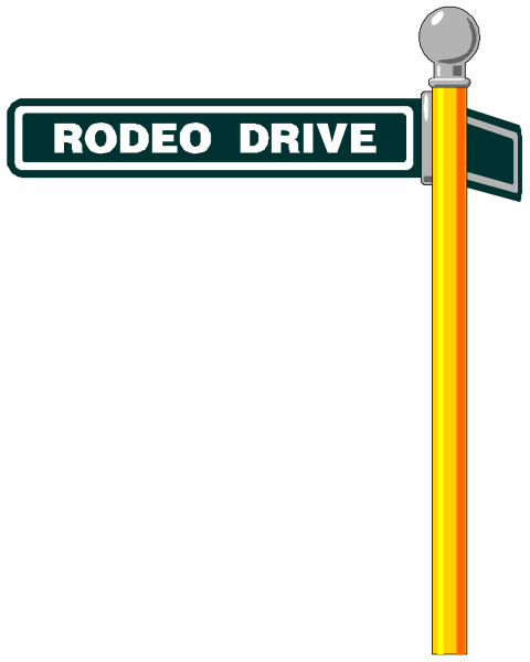 The image shows a signpost with street names "RODEO DRIVE" on it against a black background.