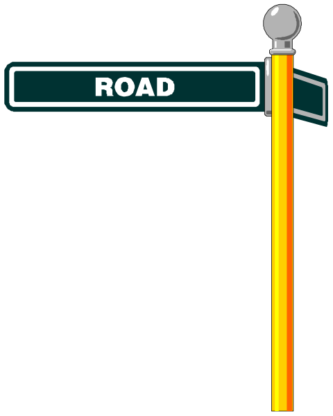 The image shows a street sign with an arrow pointing to "Road" on it against a black background.