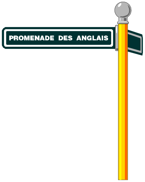 The image shows a sign with French text on it that reads "PROMENADE DES ANGLAISES," indicating an English promenade in France.