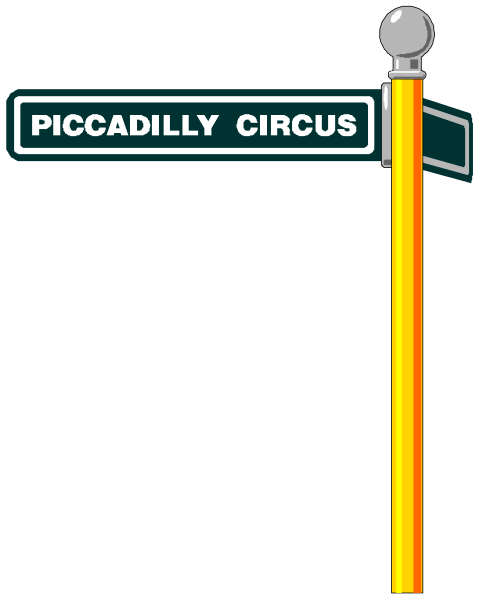 The image shows a sign for Piccadilly Circus with an arrow pointing to it on what appears to be a street corner in London.