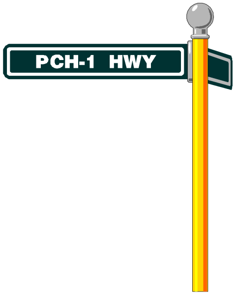 The image shows a street sign with text that reads "PCH1 HWY" on top of another sign reading "PCH-1 WAY."