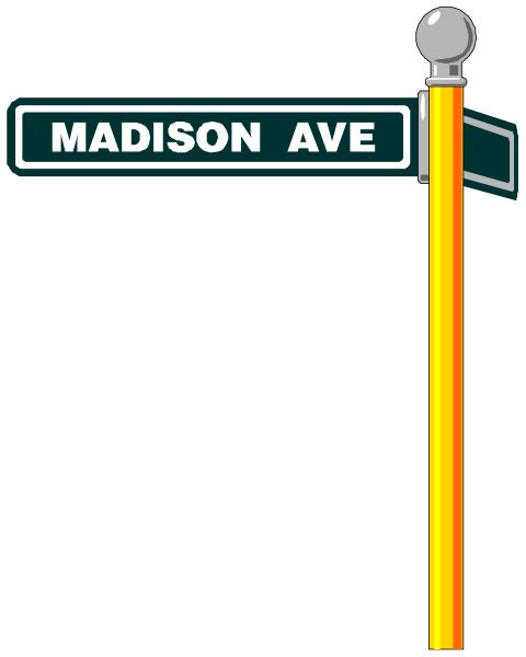 The image shows a street sign with text that reads "Madison Ave" on it against an indistinct background.