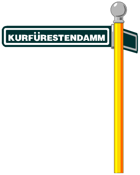 The image shows a street sign with text that reads "KURFÜRSTENSTADT" on top of it in German letters, followed by an arrow pointing to the right labeled as "DAMM," which is also written in English and appears twice: once atop the pole holding up the signs.