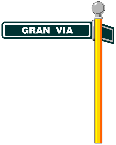 The image shows a street sign with text that reads "GRAN VIA" on it against a black background.