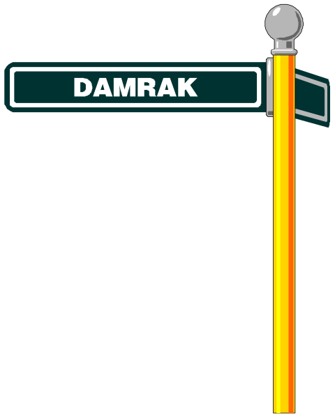 The image shows a sign with text that reads "DAMRAK" on it, placed atop what appears to be an arrow pointing left against a black background.